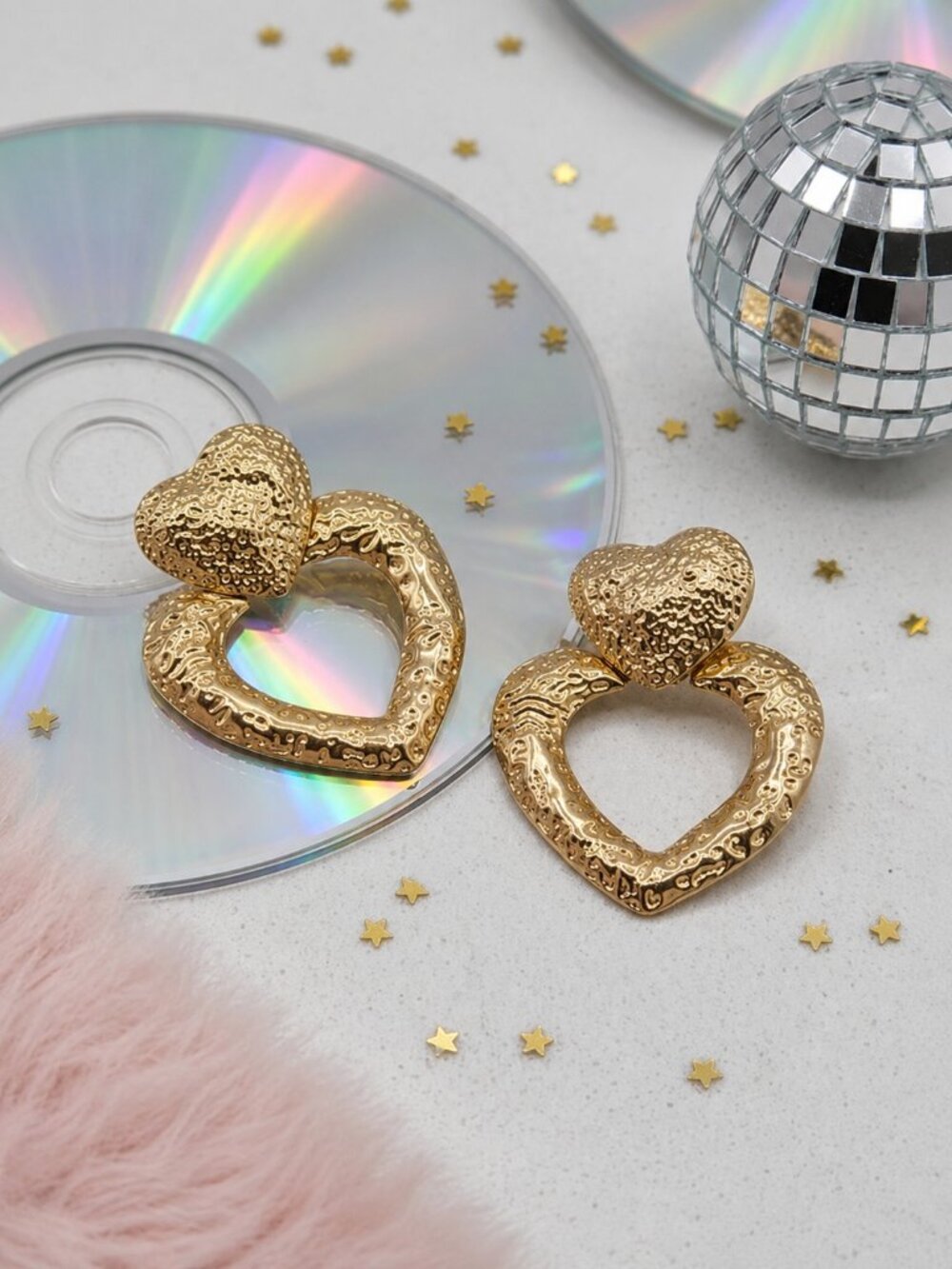18K Gold Plated Hammered Double Heart Bold Stud Earrings Y2K Maximalist 2" Drop